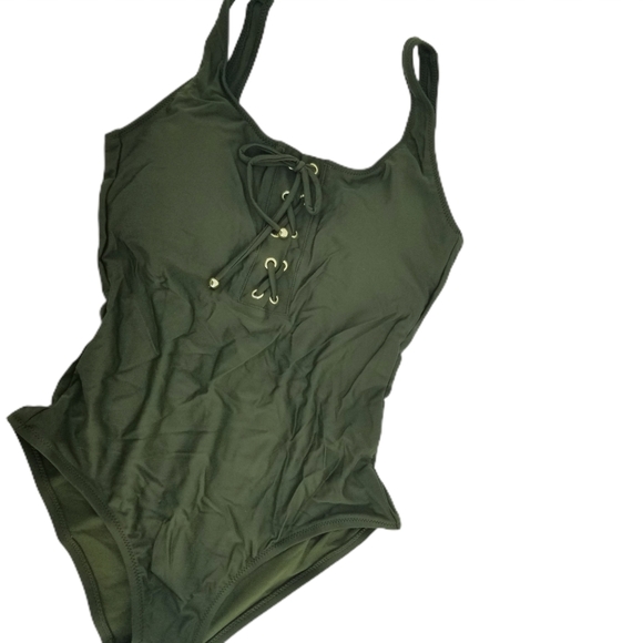 Mossimo Green & Gold Lace Front One-piece Swimsuit - Picture 4 of 7